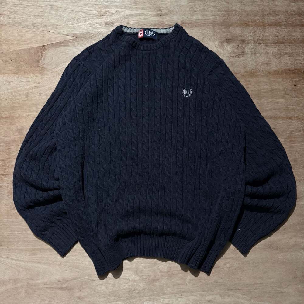 Vintage 90s Chaps Cable Knit Sweater Navy Blue 100% Cotton Embroidered Logo